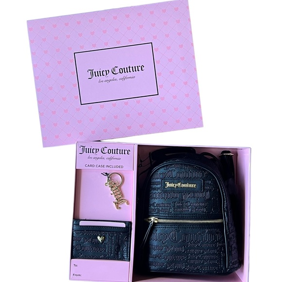 JUICY COUTURE Black Logo Backpack Cardcase Gold Keychain Boxed Gift Set - Picture 10 of 13